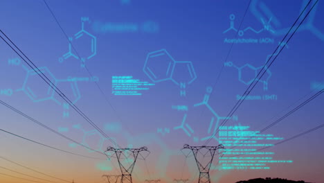 chemical structures with program codes and a background of transmission towers