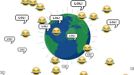 Animation-Von-Emoticons-Und-Lol,-Die-über-Dem-Globus-Auf-Weißem-Hintergrund-Schweben