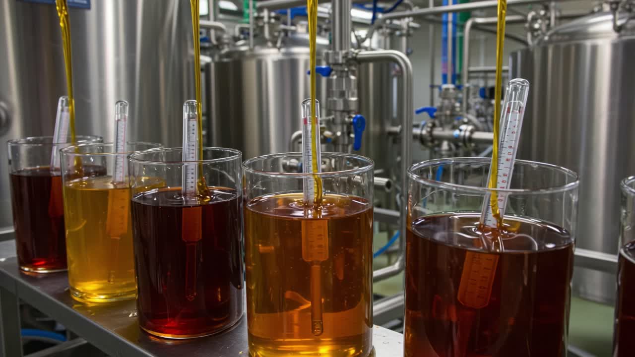 A Detailed Look at the Vividly Colored Liquid Samples in Laboratory Glassware, Highlighting Temperature Measurement and Industrial Processing Techniques