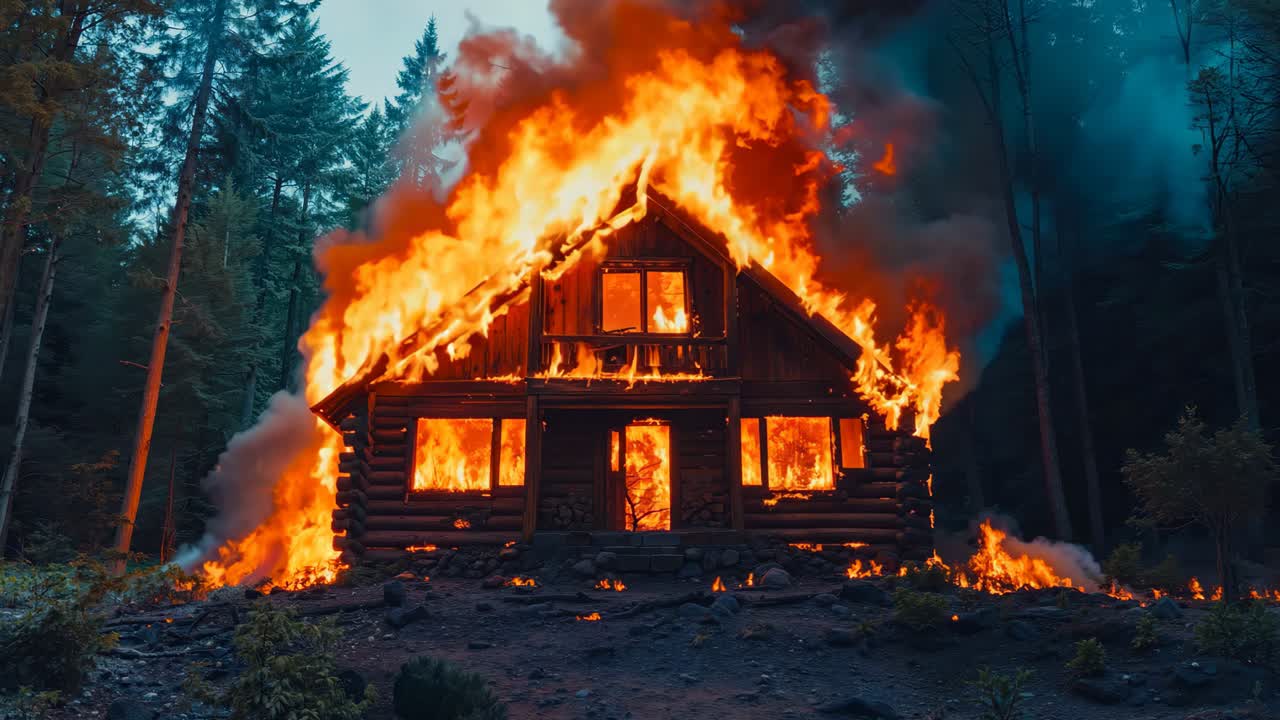 una capanna di legno in fiamme nel bosco