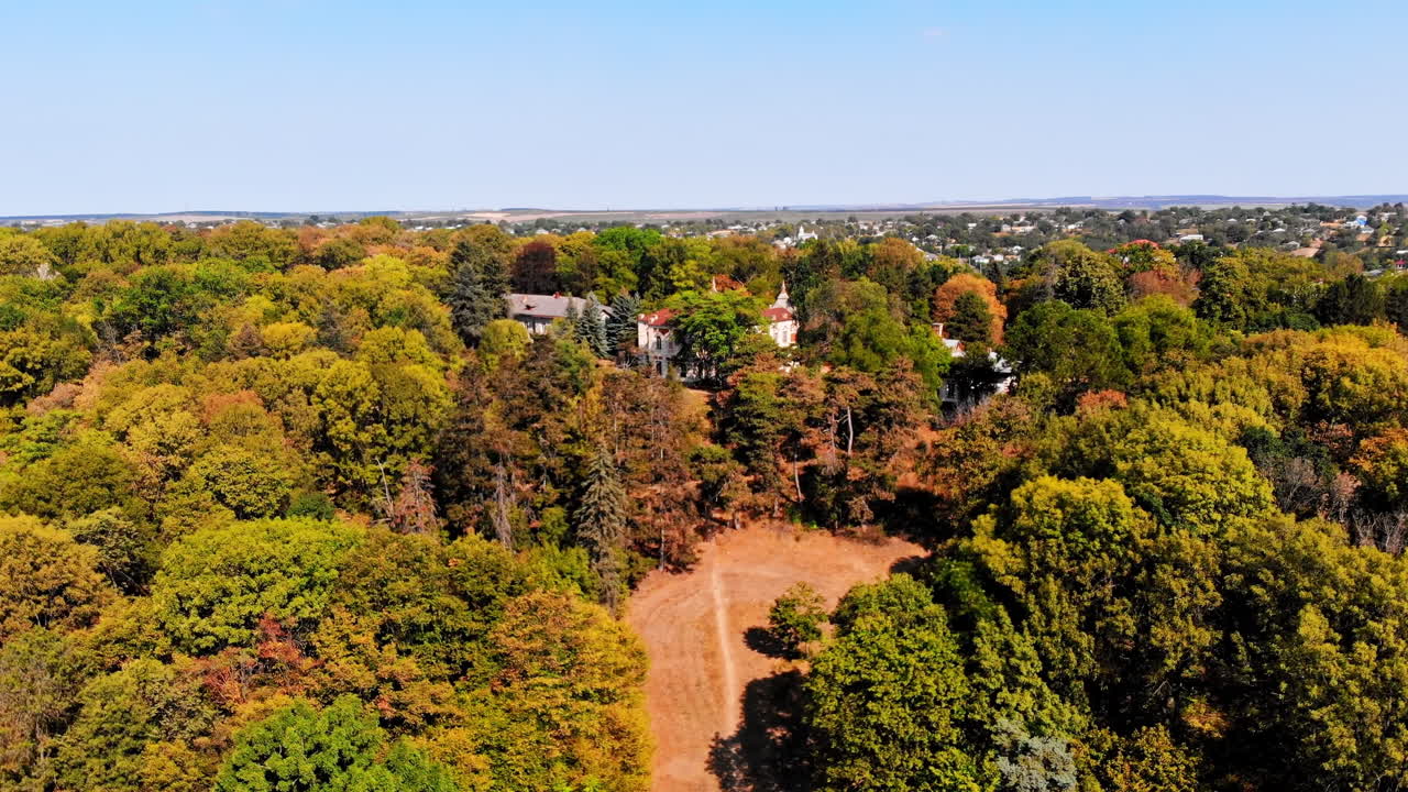 Country road between lush green forests. Aerial drone view in Moldova