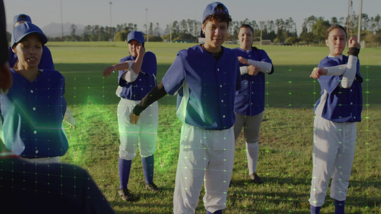 Baseball team warming up on field with digital data overlay animation