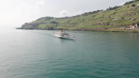 stunning aerial of beautiful old cruise ship on lake geneva in switzerland