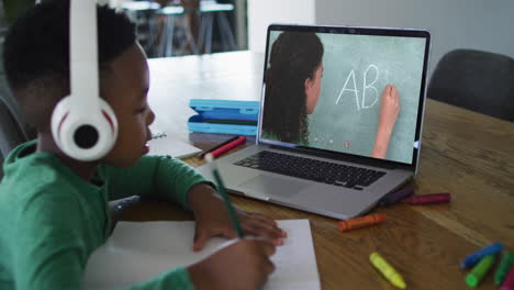 african american boy doing homework while having a video call with female teacher on laptop at home