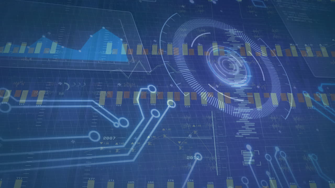 Technology and analytics animation with circuit board and data charts