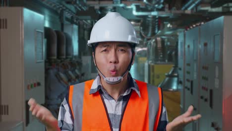 close up of wondering asian male engineer with safety helmet saying why working doubtfully in engine control room, work of electrical generators