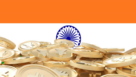 animation of flag of india over stack of gold japanese yen coins