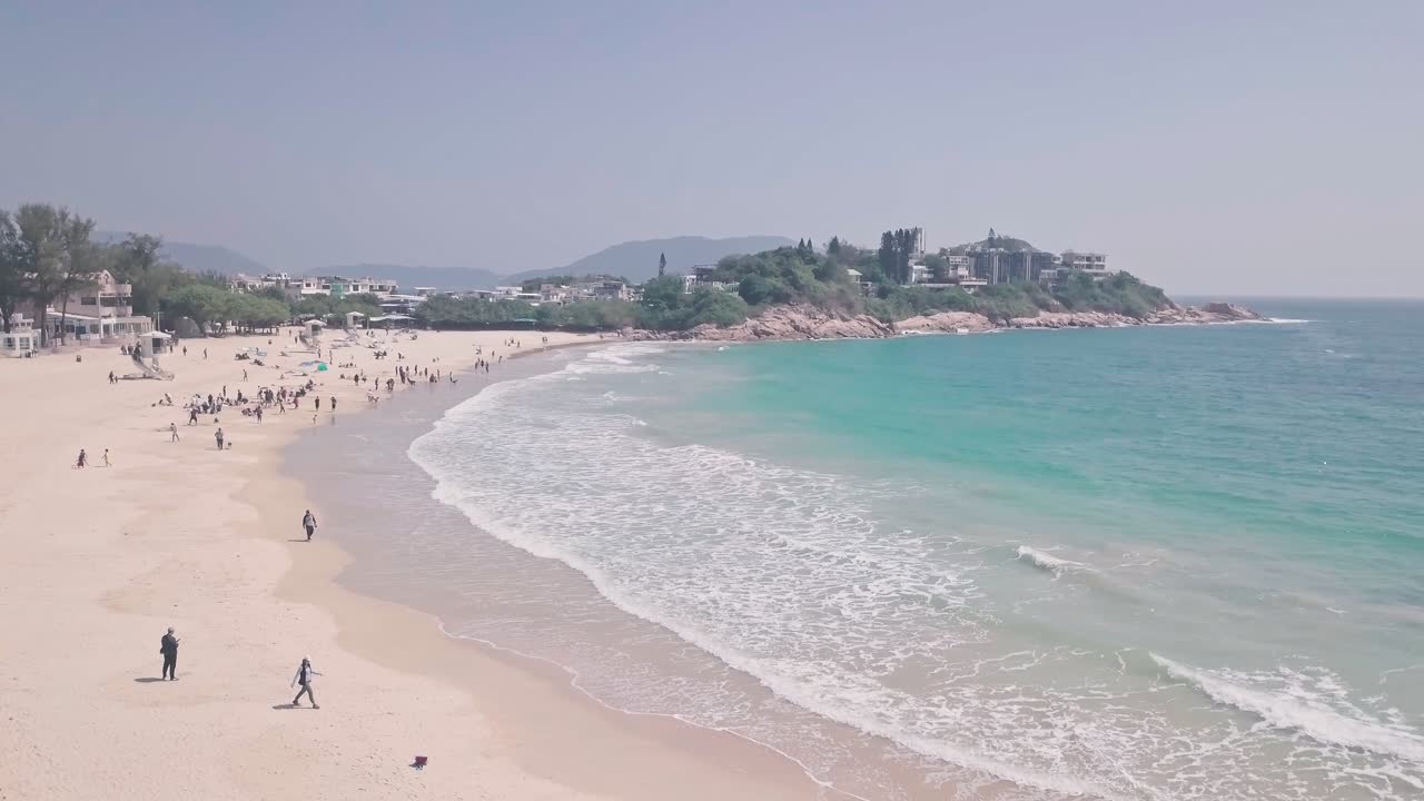 Shek O Beach, a white sandy tropical landscape in Hong Kong Island. Aerial drone view