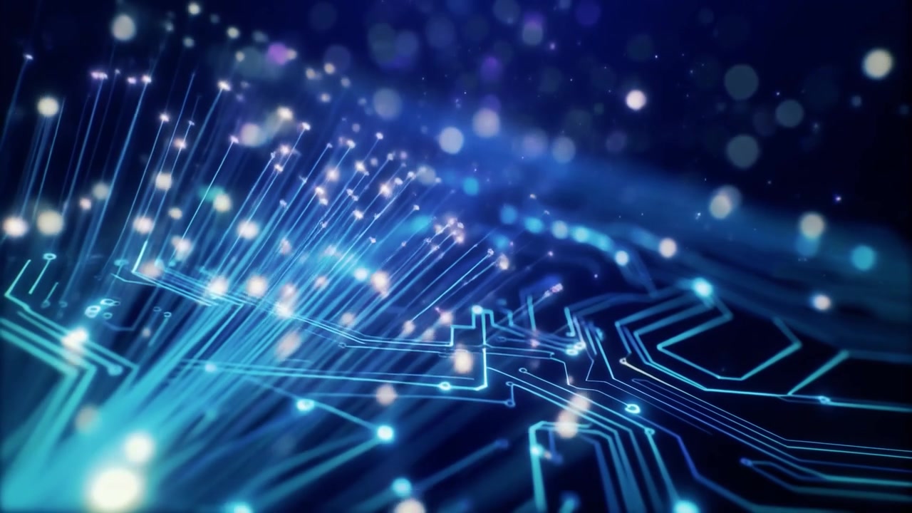 Abstract Digital Circuit Board with Glowing Fiber Optic Data Streams