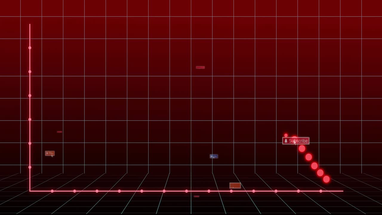Points popping, forming red dots moving down grid, showing data drop with floating Play or Subscribe