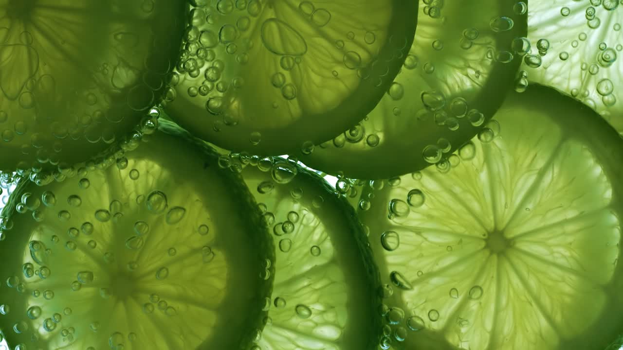 Fette di lime che cadono in profondità nell'acqua. Riprese con telecamera super slow motion a 1000 fps