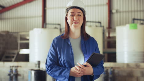 happy woman, face and engineer with tablet