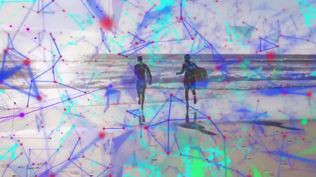 Surfer pair running toward ocean to catch waves with surfboard, tech overlay drifting and occluding