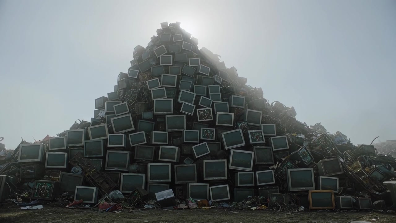 Recording camera capturing front view at e-waste lot, documenting stacked CRT monitors and sun halo