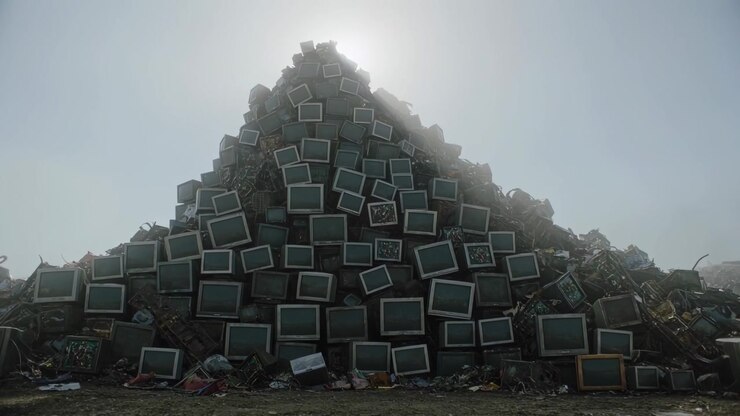 Telecamera di registrazione che cattura una vista frontale in un deposito di rifiuti elettronici, documentando monitor CRT impilati e un alone solare