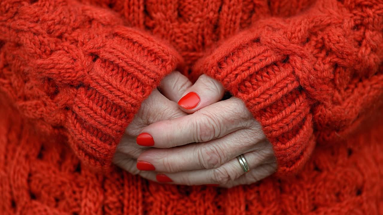 A close-up view of a person's hands gently clasped together, adorned with bright red nail polish, wearing a cozy knitted sweater in vibrant orange hues, showcasing warmth and comfort