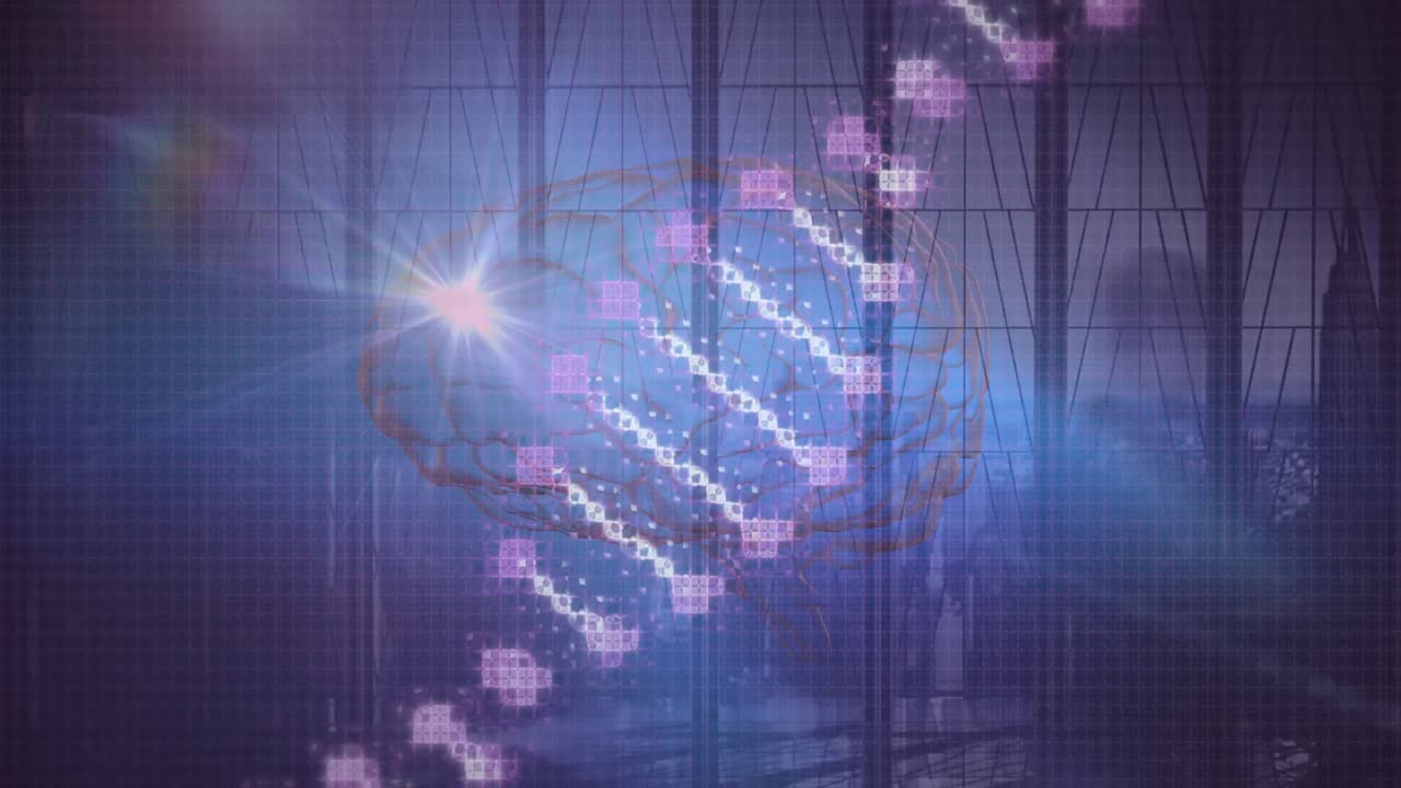 다양한 사업가들이 걸어가는 데 대해 dna 스트랜드와 디지털 뇌의 애니메이션