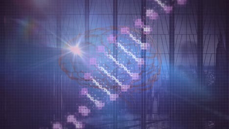 animation of dna strand and digital brain over diverse business people walking