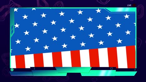 Animation-of-american-flag-design-over-interface-and-topography-against-blue-background