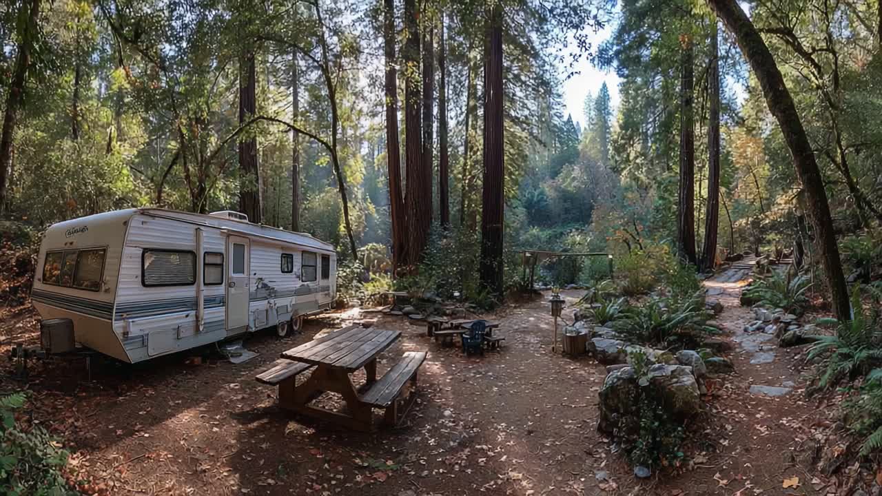 Et fredfyldt fristed: En hyggelig autocamper gemt blandt majestætiske redwoodtræer i fredfyldte skovomgivelser, perfekt til en weekendtur eller en naturferie
