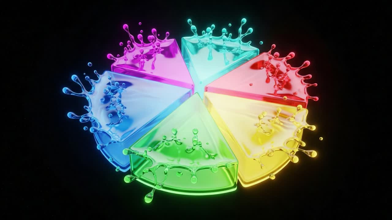 Dynamic Color Splash: A Vibrant Display of Liquid Segments in Vivid Hues Creating a Stunning Visual on a Dark Background