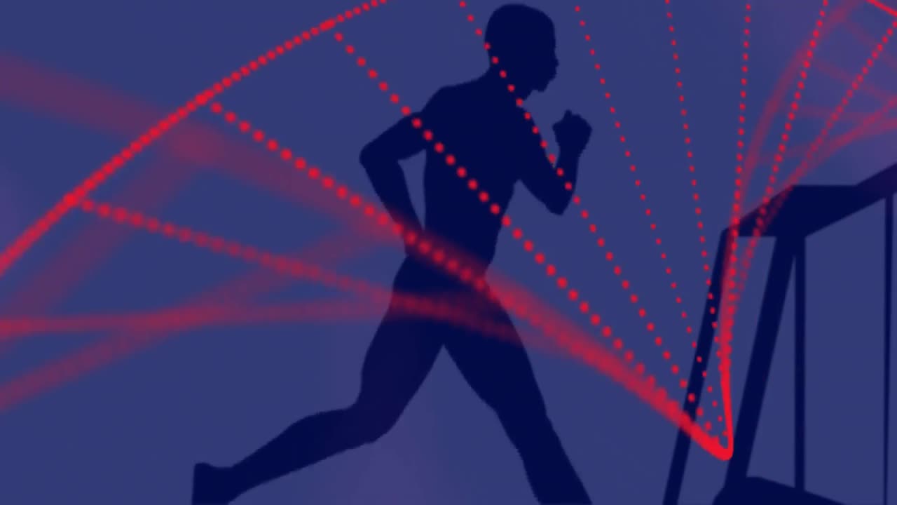 DNA structure forming against silhouette of person running on treadmill