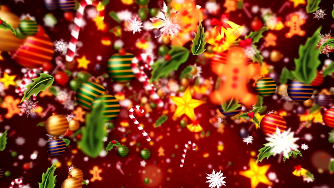 partículas de decoración navideña, fondo rojo, bucle