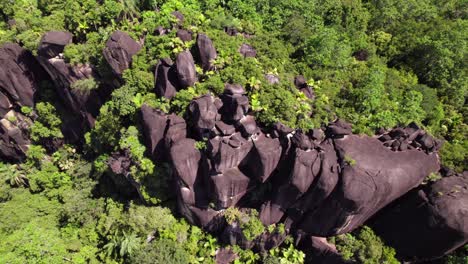 Drone-footage-of-huge-granite-stones-on-mountain-top-near-the-beach,-surrounded-by-trees,-Mahe-Seychelles-30-fps