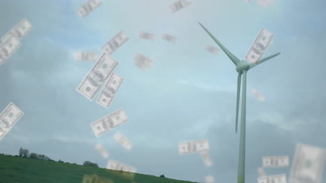turbina eólica en la colina verde con billetes de dólar flotantes animación