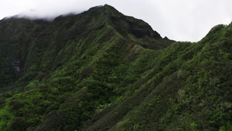 Drone-shot-of-Hawaiian-mountain-summits-encased-by-fog