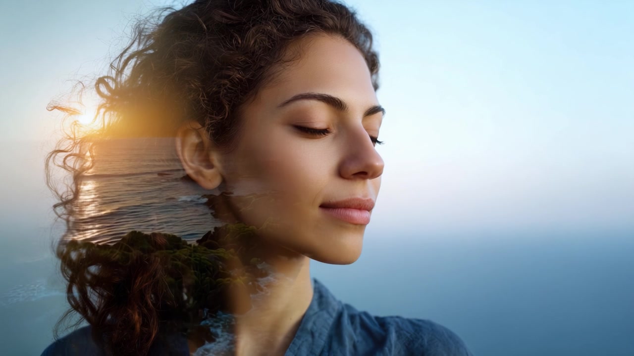Un momento sereno de reflexión: la contemplación de una mujer con una superposición onírica de naturaleza y olas del océano, capturada con la luz del atardecer.