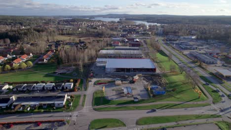 construction site, aerial orbiting dolly in nordic country