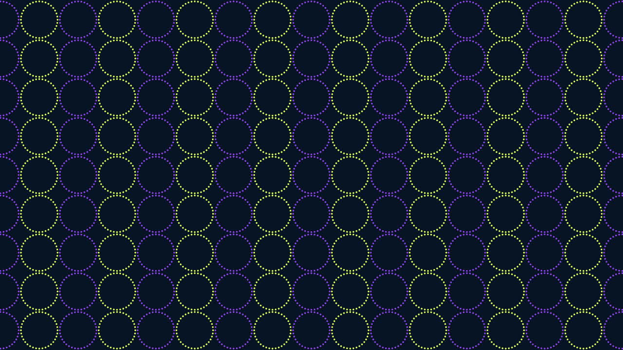 Vibrant circular pattern of purple and green circles on dark background