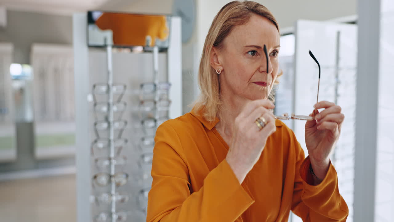 visión, compras y mujer con elección de gafas