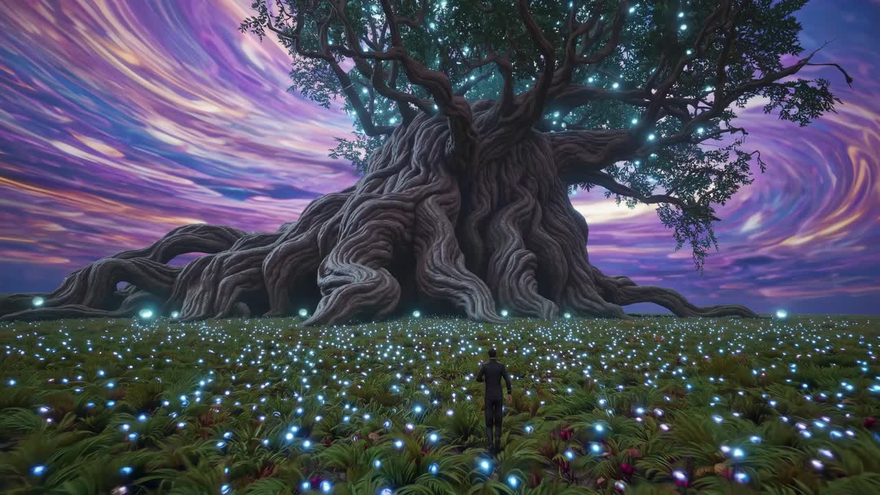 Ancient Glowing Tree in a Magical Meadow