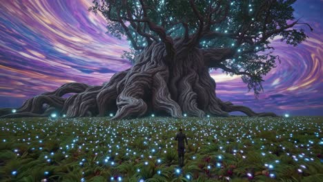 ancient glowing tree in a magical meadow