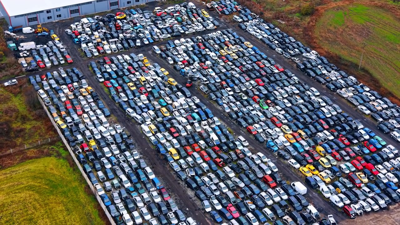 Vista aérea con dron de gran angular de un enorme desguace de automóviles. Toma panorámica de ángulo alto de miles de coches dañados y viejos almacenados junto a un edificio de almacén industrial.