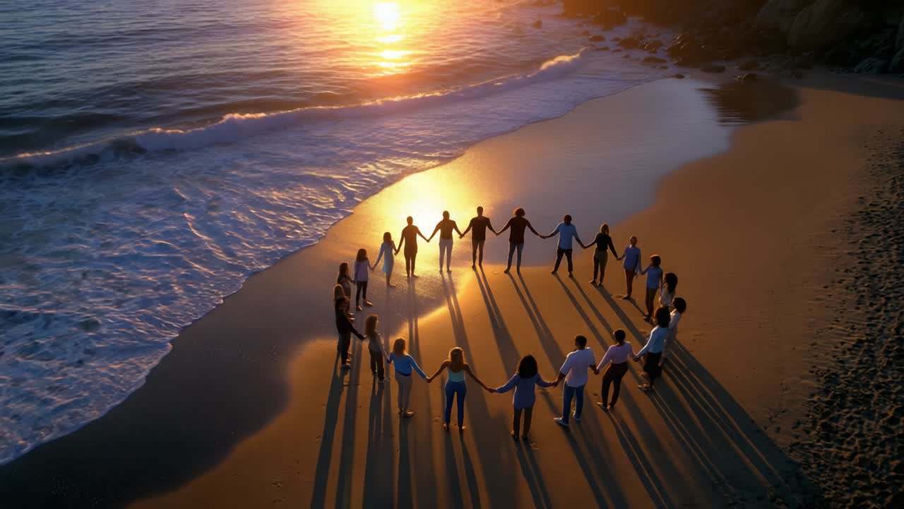 Group of People Holding Hands in a Circle on the Beach at Sunset