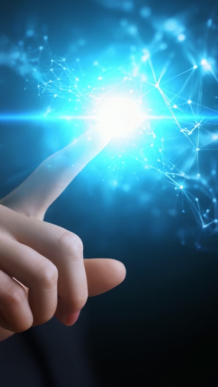 Uma mão estendida para tocar em uma rede brilhante de pontos de dados interconectados, iluminando conexões digitais em uma cena tecnológica futurista