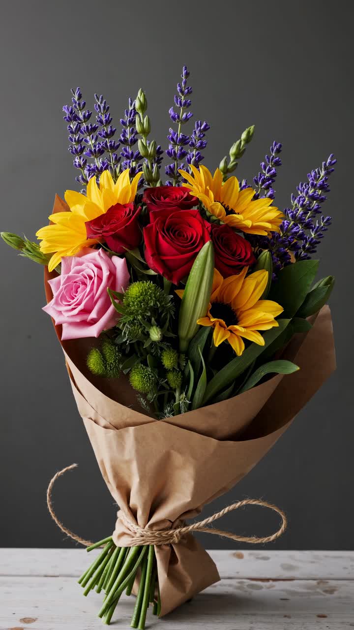 A close-up video of a vibrant bouquet with roses, sunflowers, and lavender against a dark