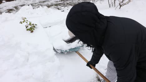 determined woman clearing snow using shovel in winter