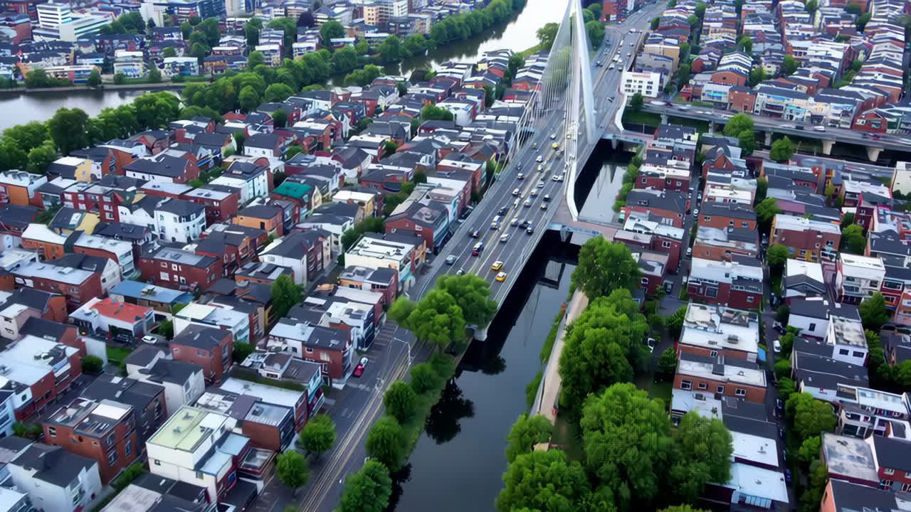 Aerial view of a European city with a cable-stayed bridge over a river