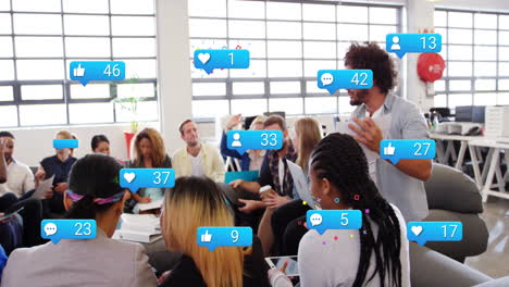 animation of social media data processing over diverse business people in office