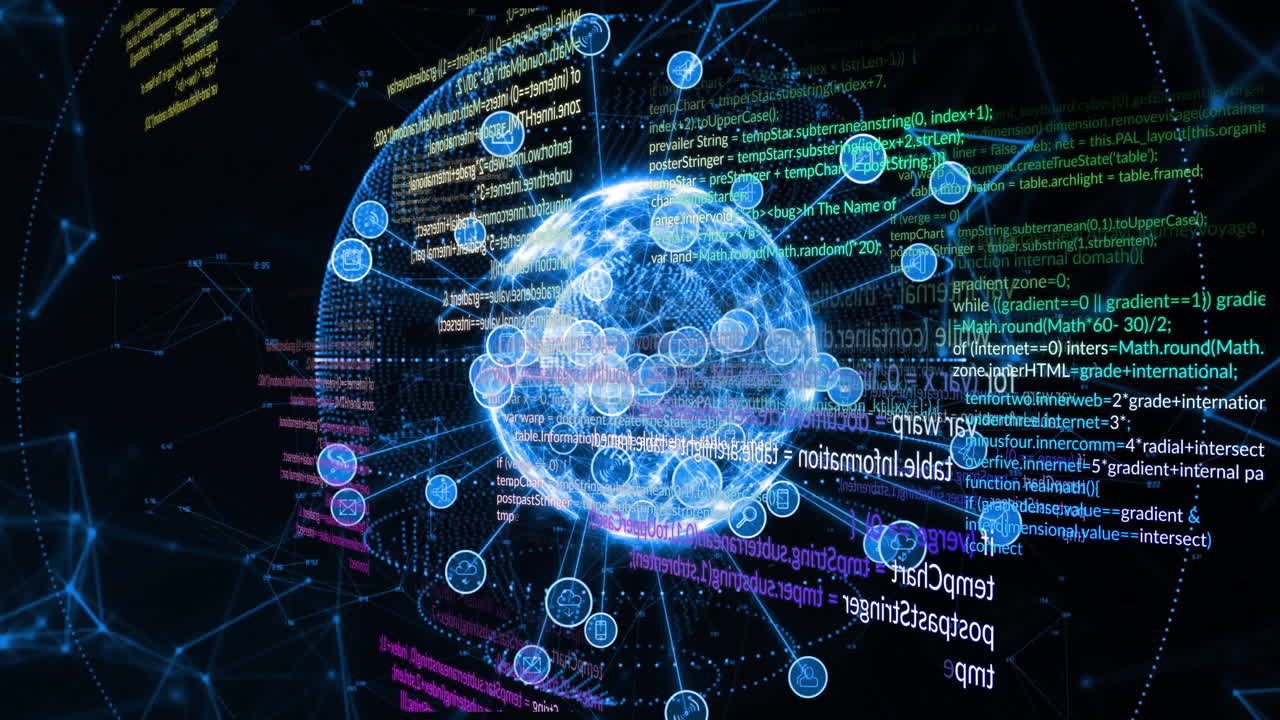 Digital globe surrounded by data processing animation with various coding elements