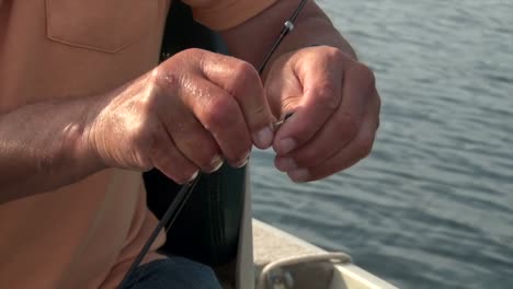 a man baiting the hook with a leech - close up