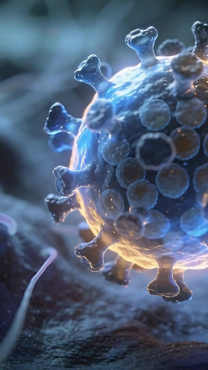 Vertikal video: Kamera der bevæger sig tættere på og får virus til at rotere nær fibrøs matrix, viser pigge
