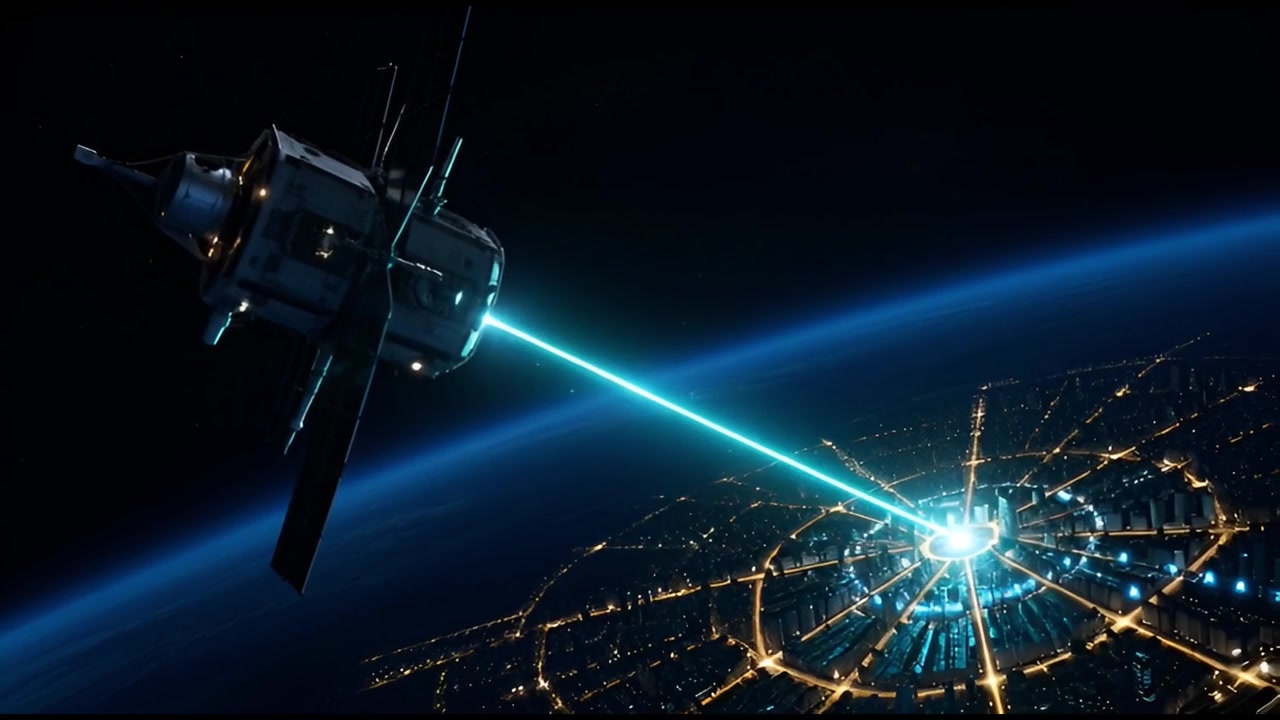 Satellite che emette un raggio laser verso una città futuristica sulla Terra