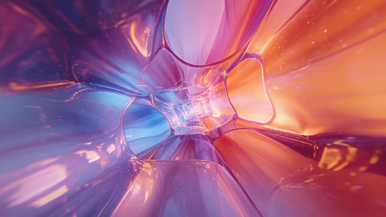 Telecamera che avanza, un tunnel lucido rivela una piazza centrale e un gradiente di luce blu-arancione in CGI.