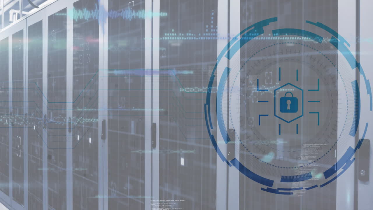 animación de escaneo de alcance con icono de candado sobre la sala del servidor