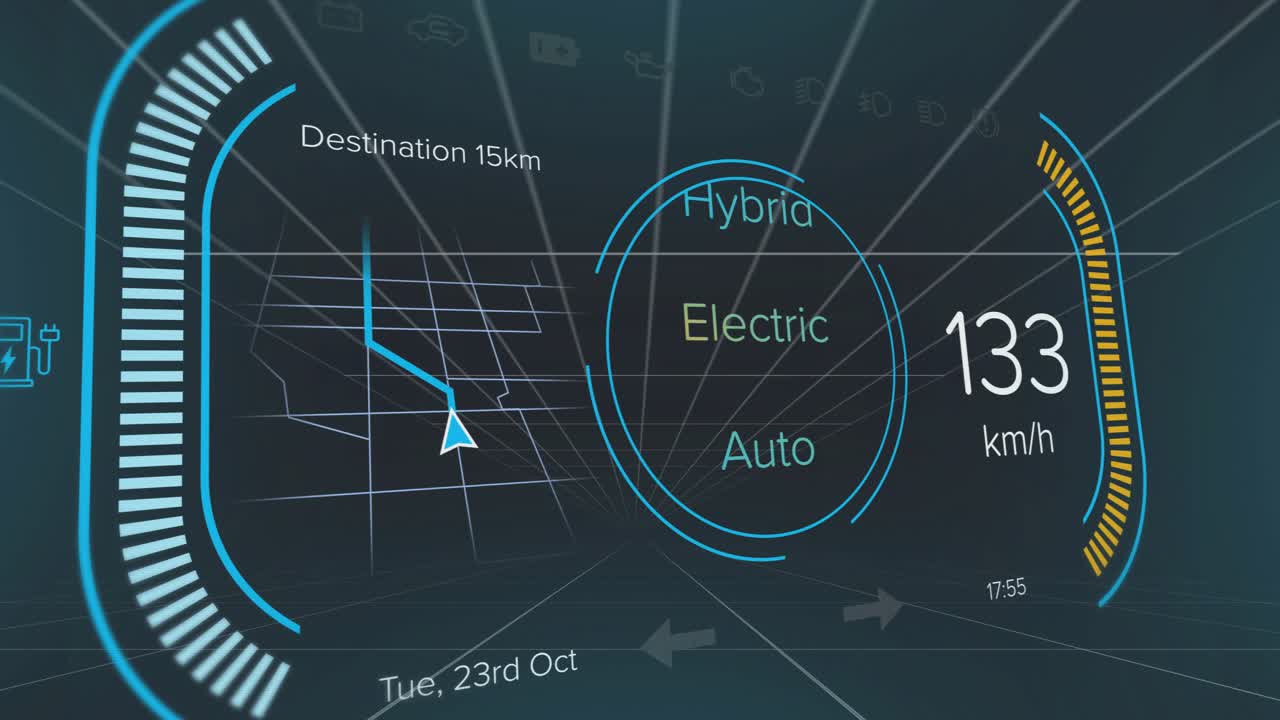 Digital auto HUD 3D render projecting over dark grid, showing wireframe map and semi-circular ring